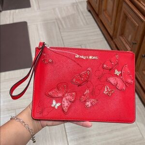 NWOT Michael Kors Red Butterfly Appliqué Wristlet Clutch